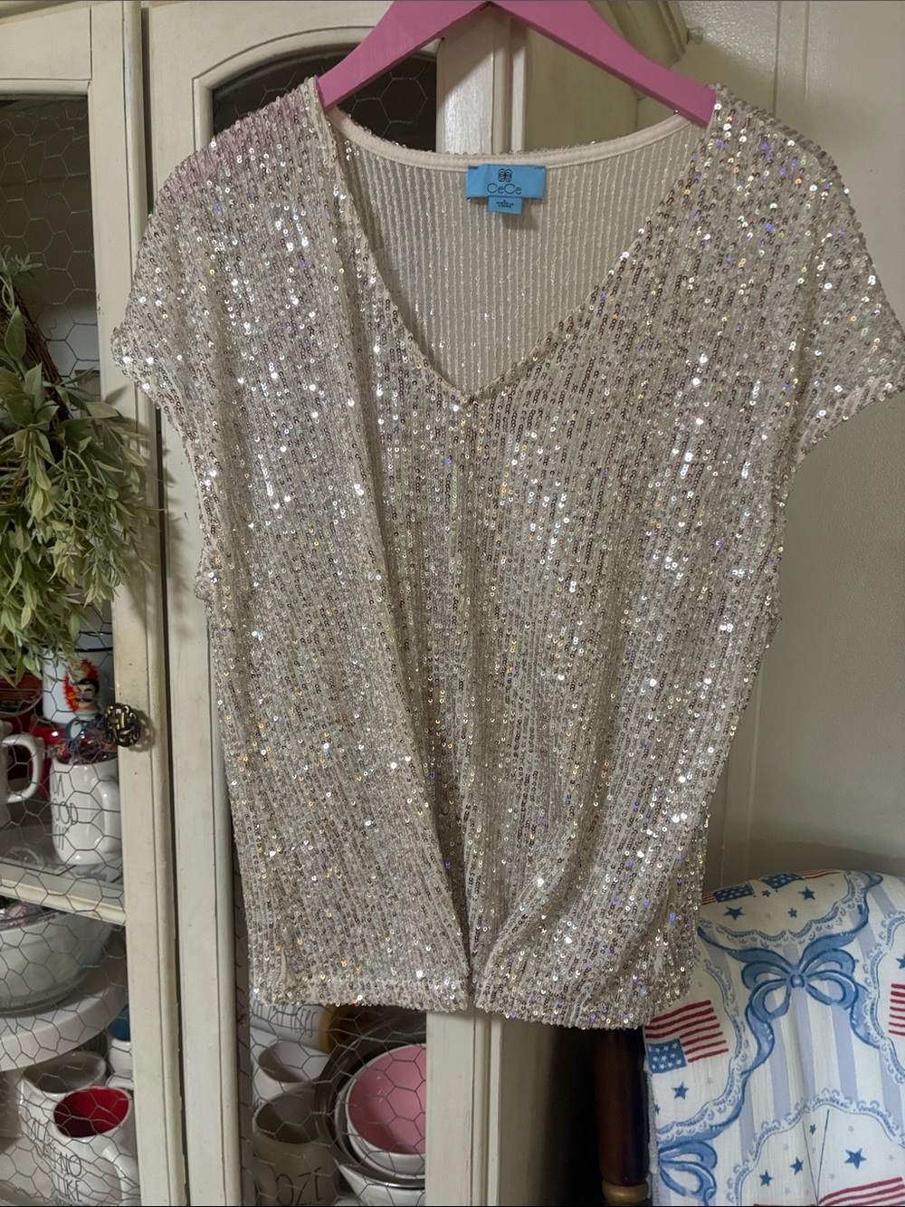 CeCe Champagne Sequin V-Neck Short Sleeve Top